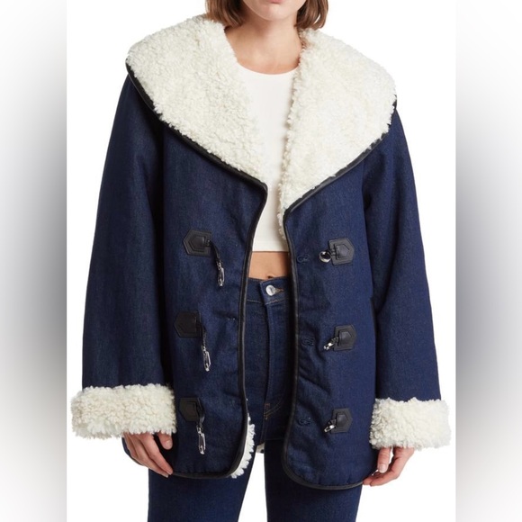 New WeWoreWhat Oversized Denim Sherpa Coat Jacket S NWT Fluffy Cozy Winter Faux - Picture 5 of 9